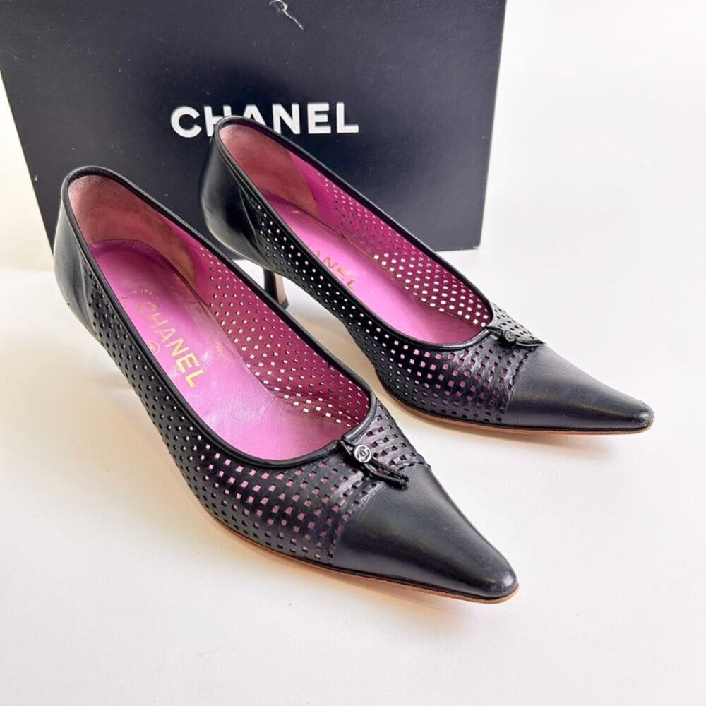 CHANEL Black Perforated Leather Pointed Toe Heels with Pink Interior